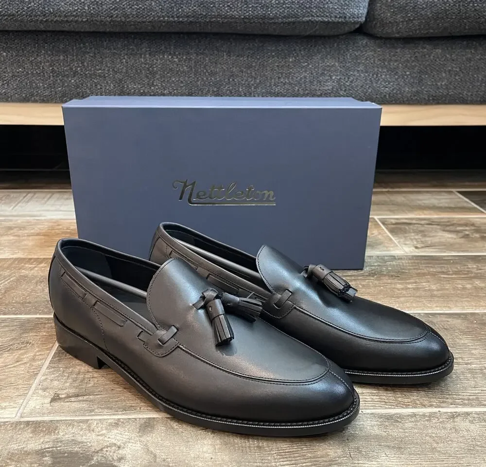 $950 NIB Nettleton Black Leather Almond Toe Tassel Loafers Slip Ons Shoes 13